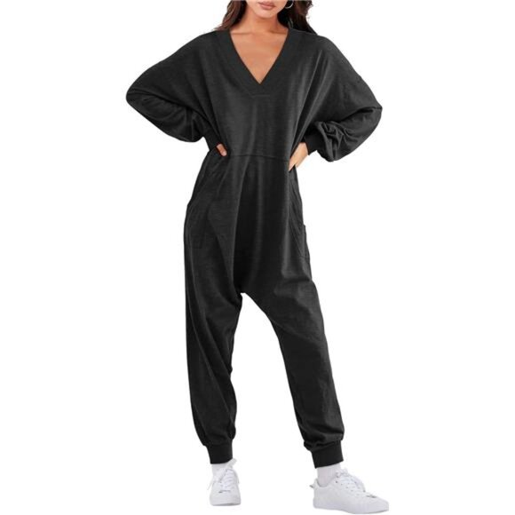 Women's Jumpsuit Long Sleeve Casual Loose Fit Romper Lounge One Piece Overall - Picture 1 of 9